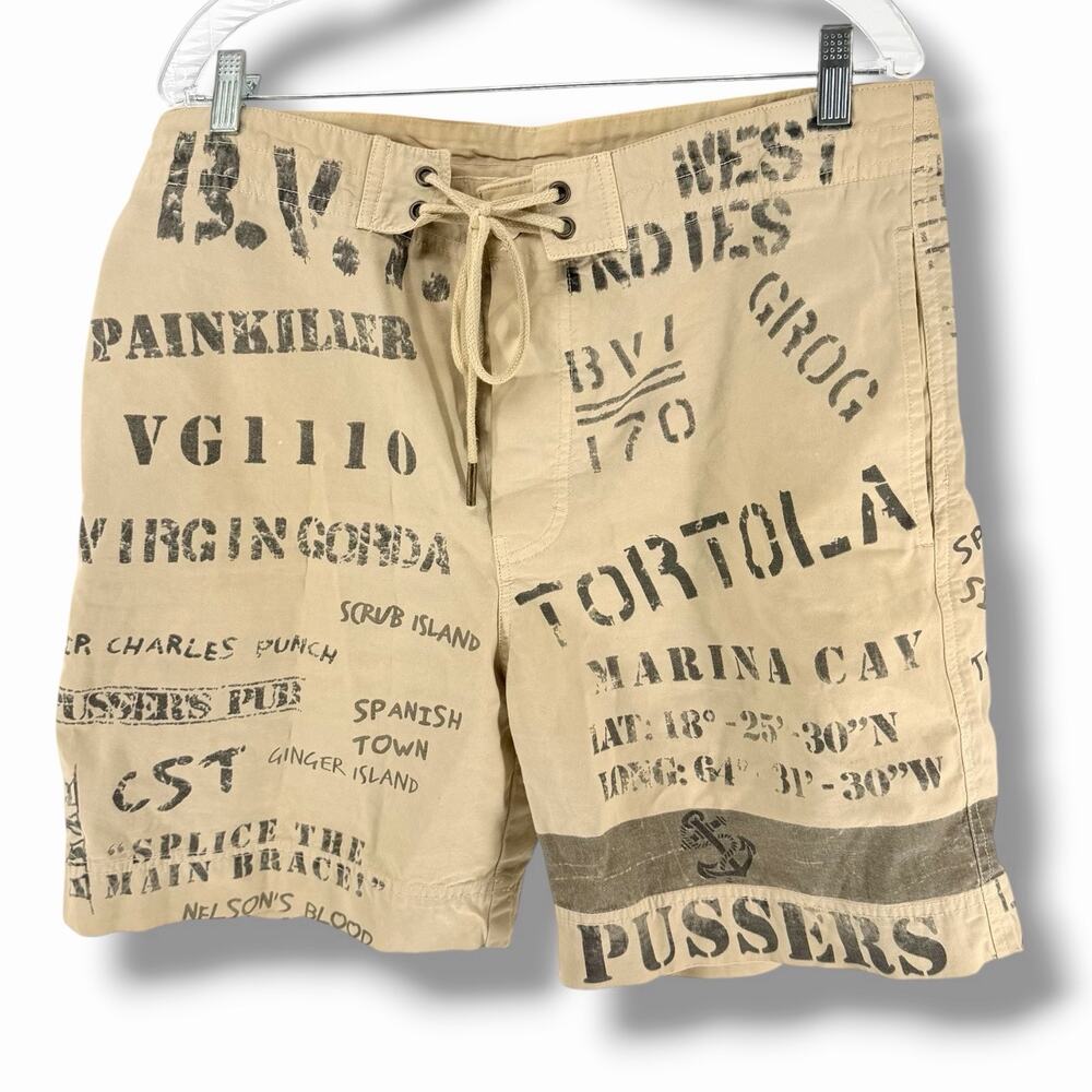 Pusser's West Indies BVI Stencil Print Board Shorts Swim Trunks L Nautical Rum